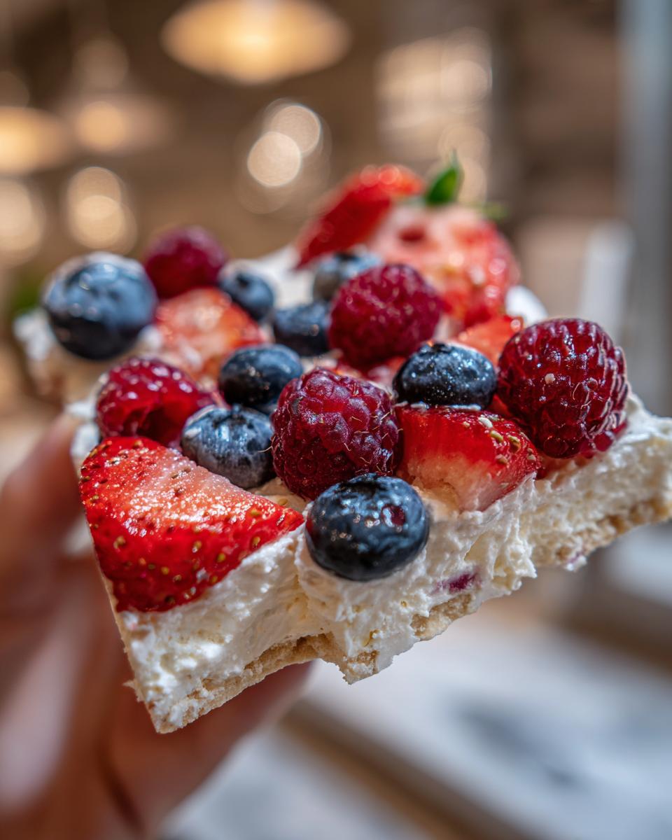 Close-up of a slice of frozen yogurt bark with berries, featuring strawberries, blueberries, and raspberries.