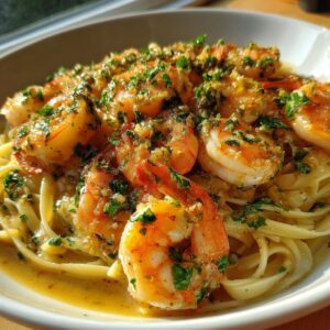 A delicious bowl of garlic butter shrimp scampi with linguine, topped with fresh parsley.