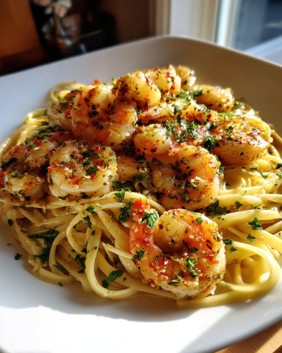A plate of garlic butter shrimp scampi with linguine, garnished with parsley and red pepper flakes.