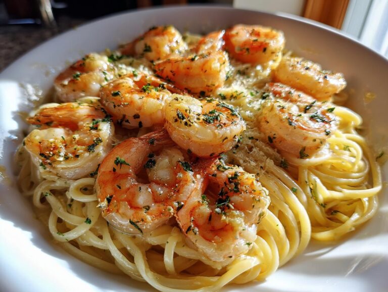 A delicious plate of garlic butter shrimp scampi served over linguine, garnished with herbs and parmesan.