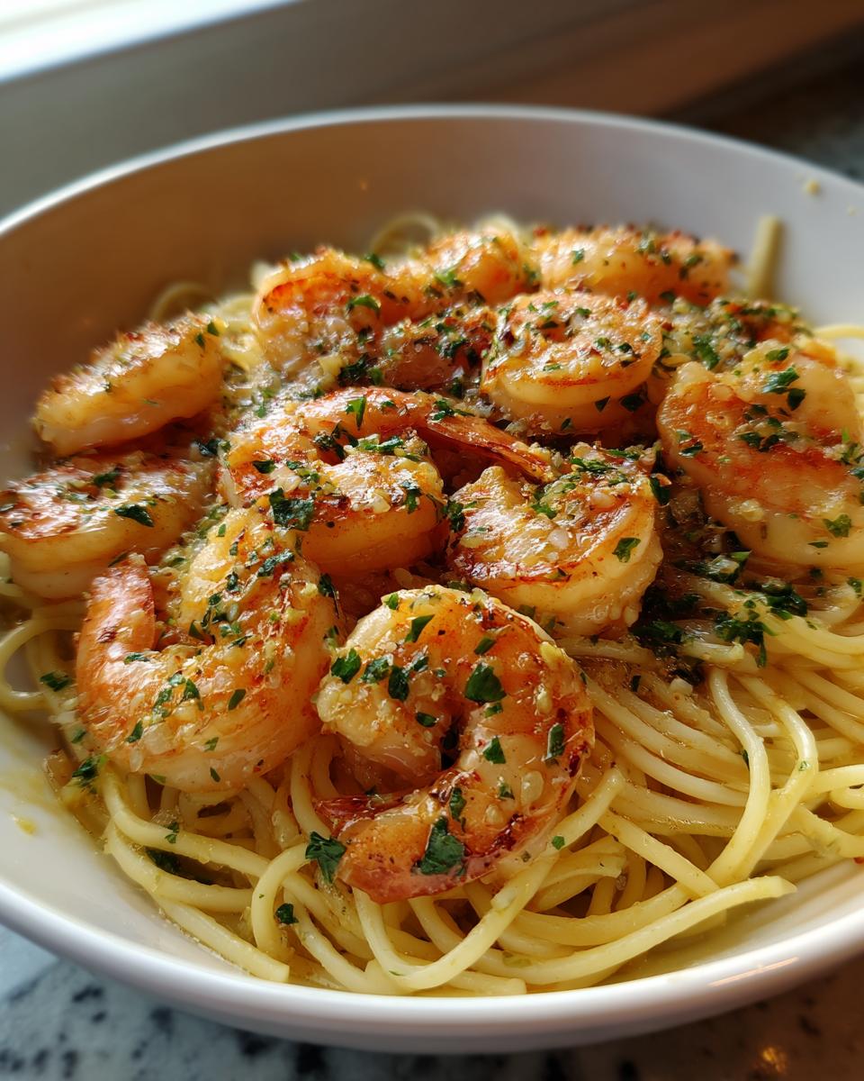 Close-up of garlic butter shrimp scampi served over spaghetti, garnished with fresh parsley.