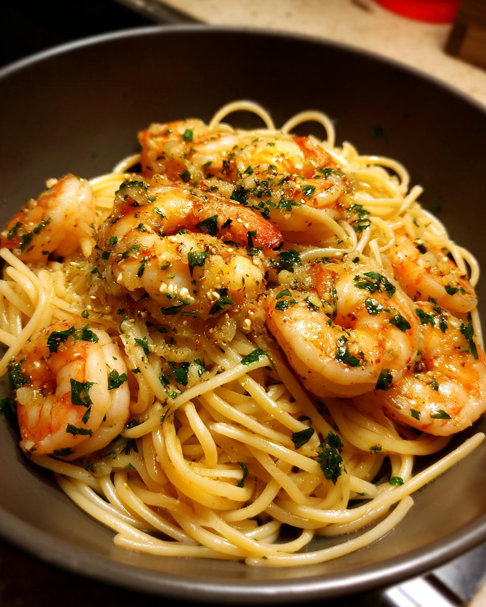 Bowl of garlic butter shrimp scampi served over spaghetti, garnished with parsley.