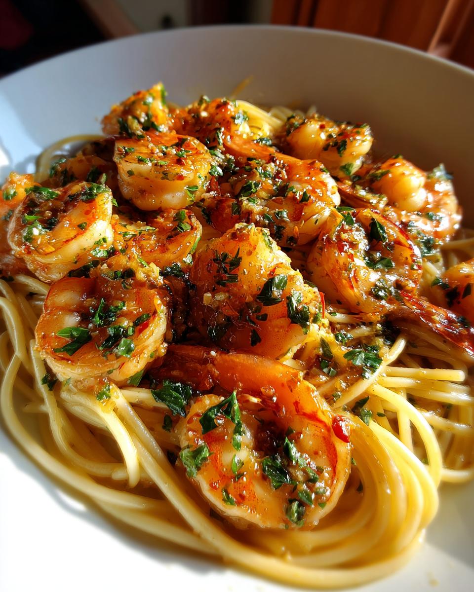 A bowl of Garlic butter shrimp scampi with spaghetti, garnished with fresh herbs.
