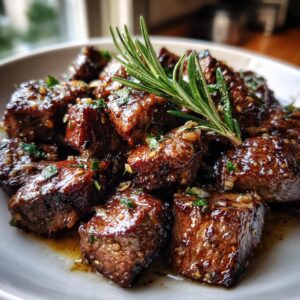 A plate of glistening garlic butter steak bites, garnished with fresh rosemary and herbs.