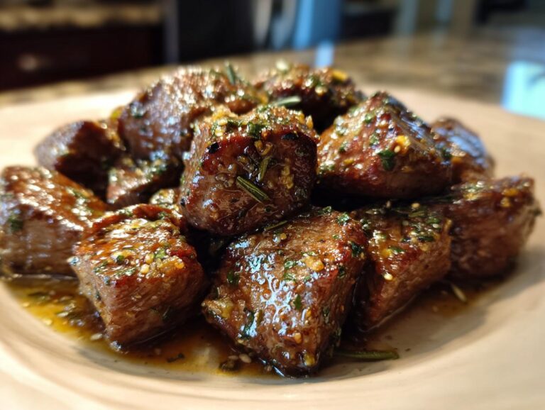 A plate of delicious Garlic butter steak bites, glistening with herbs and sauce.