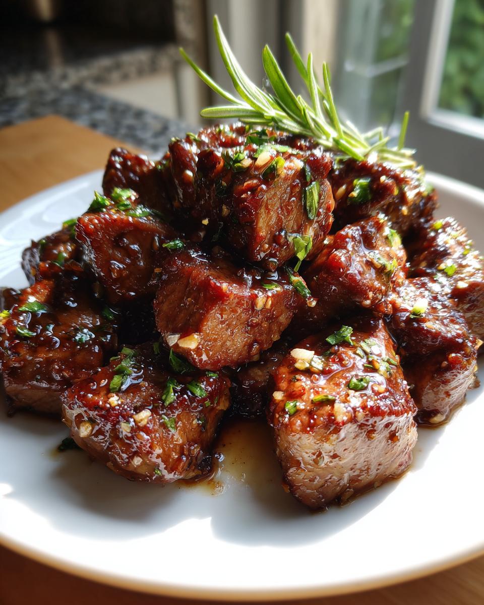 A platter of glistening garlic butter steak bites, garnished with fresh herbs and a sprig of rosemary.