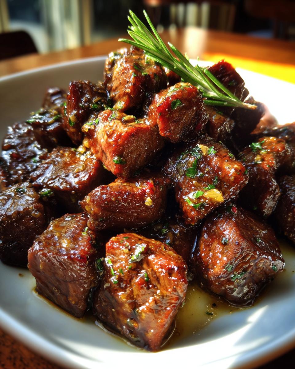 Close-up of garlic butter steak bites on a white plate, garnished with fresh rosemary.