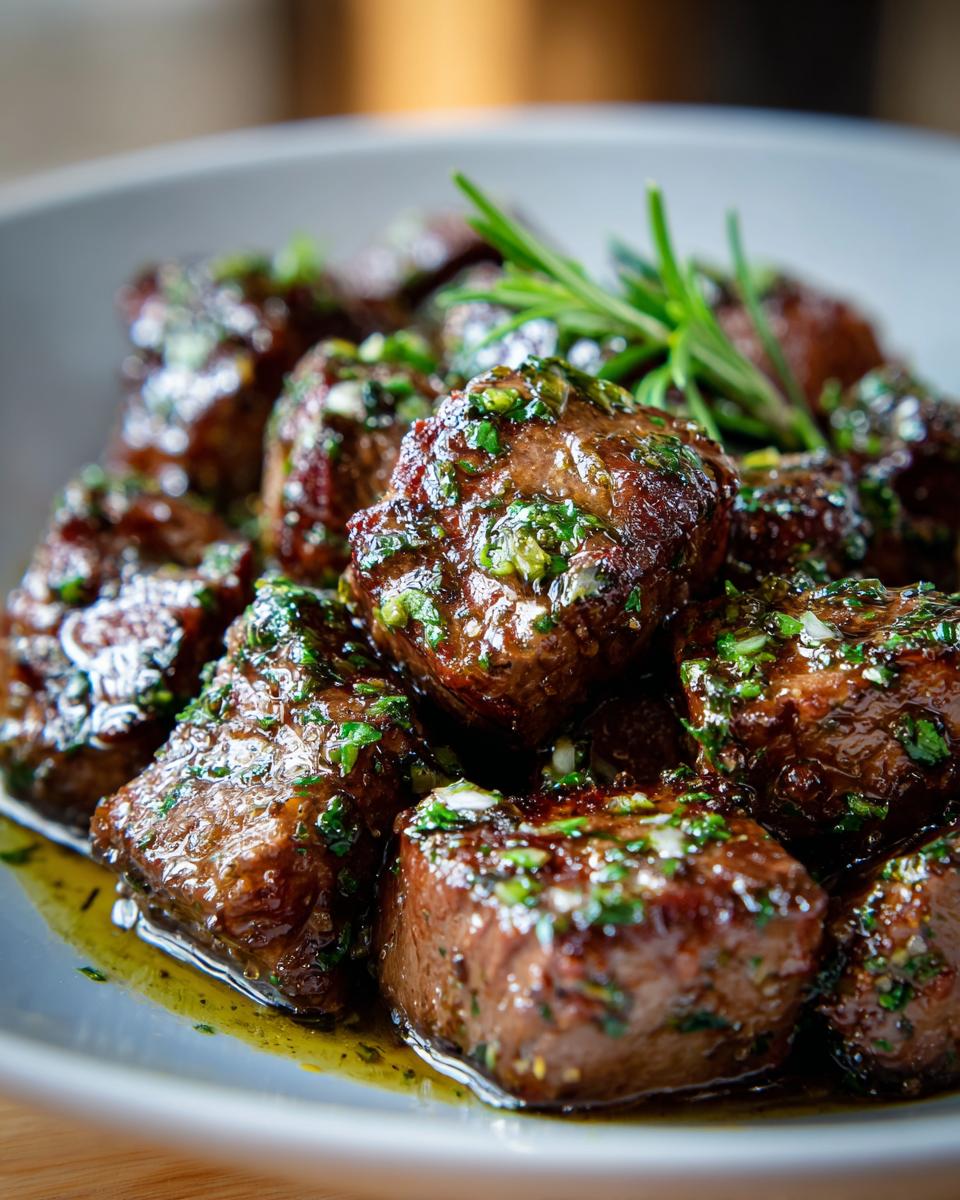 Close-up of garlic butter steak bites in a bowl, garnished with fresh rosemary.