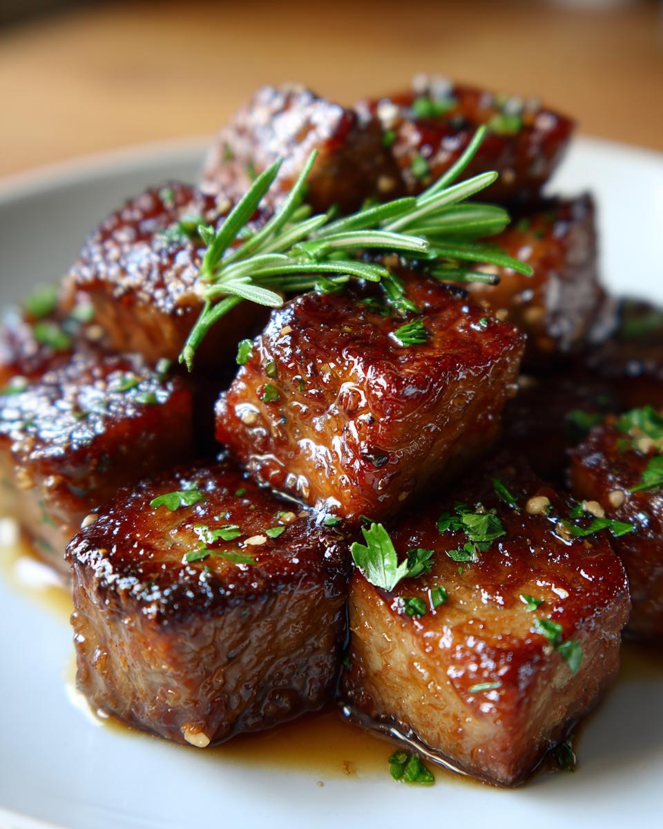 Close-up of juicy Garlic butter steak bites, garnished with fresh herbs on a white plate.