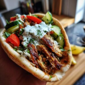 A flavorful Greek chicken gyros filled with chicken, tzatziki sauce, cucumbers, and tomatoes.