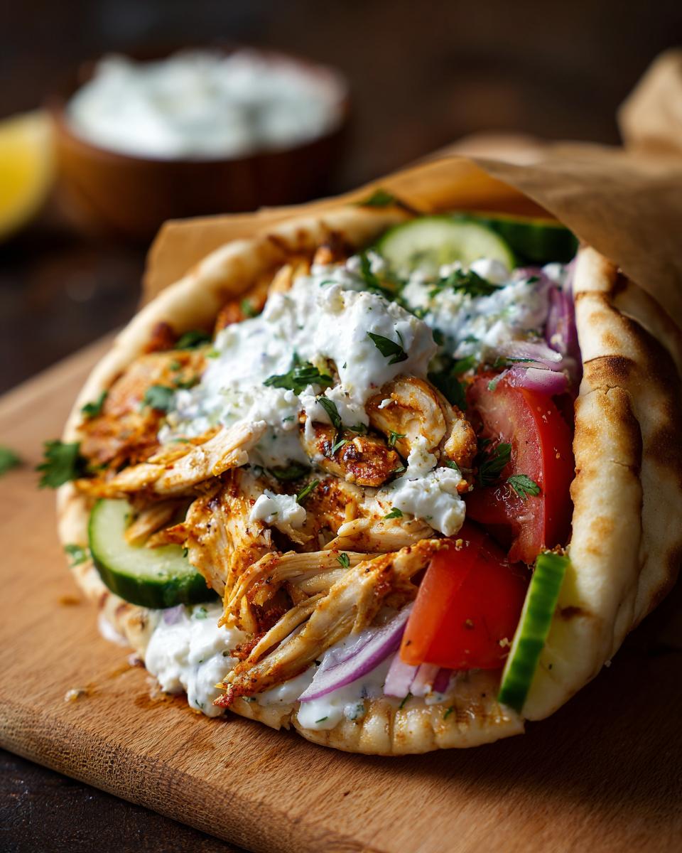 Close-up of a Greek chicken gyros with chicken, tzatziki, tomatoes, red onion, and cucumber in a pita.