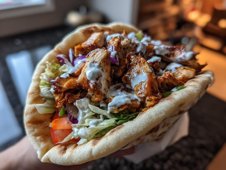 A flavorful Greek chicken gyros filled with seasoned chicken, fresh vegetables, and creamy tzatziki sauce in a warm pita.