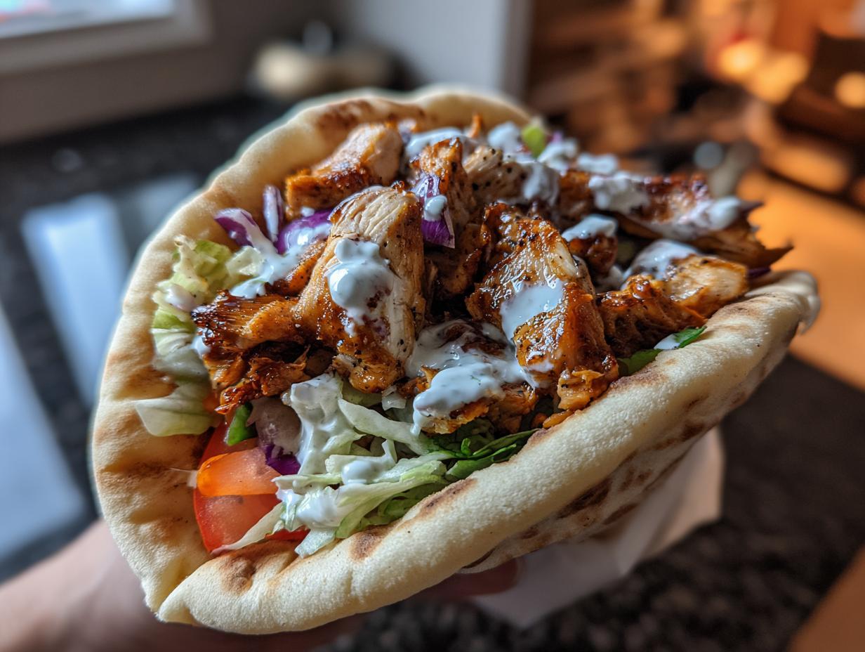 A flavorful Greek chicken gyros filled with seasoned chicken, fresh vegetables, and creamy tzatziki sauce in a warm pita.