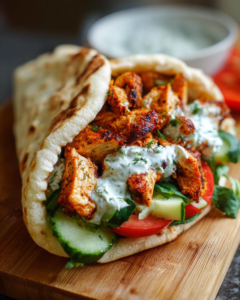A flavorful Greek chicken gyros, filled with seasoned chicken, fresh vegetables, and creamy tzatziki sauce in pita bread.