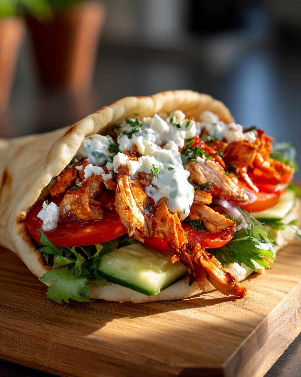 A flavorful Greek chicken gyros with chicken, vegetables, feta, and tzatziki sauce wrapped in pita bread.