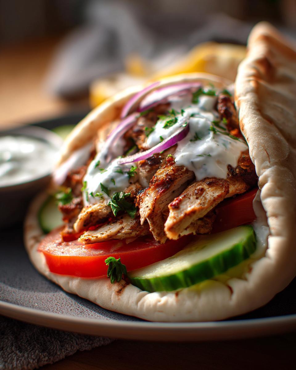 Close-up of a flavorful Greek chicken gyros with tzatziki, red onion, tomato, and cucumber in pita bread.