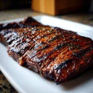 Perfectly grilled carne asada steak marinade, showcasing its rich color and grill marks on a white plate.