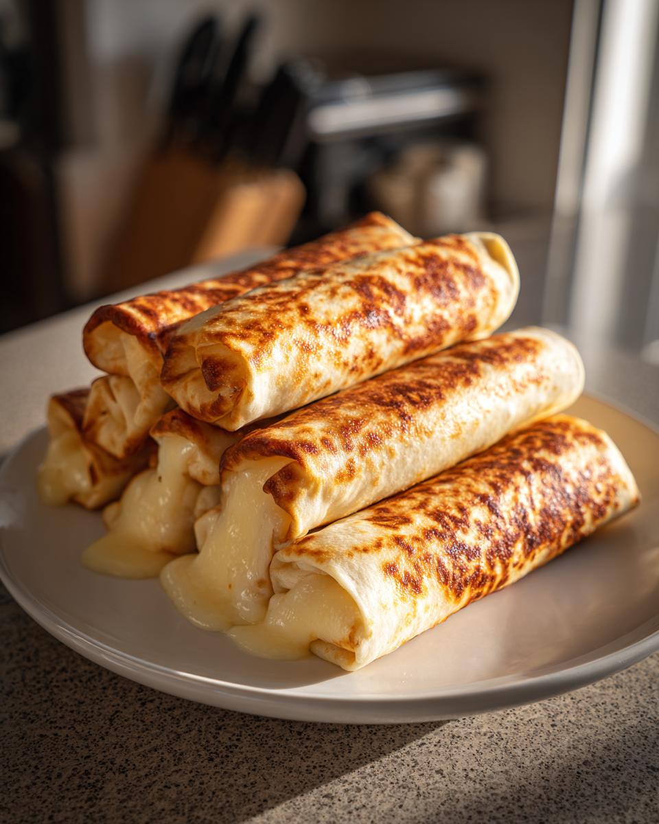 Stack of golden brown grilled cheese roll-ups on a white plate, with melted cheese oozing out.