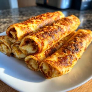 A stack of golden brown grilled cheese roll‑ups on a white plate, showcasing the melted cheese filling.