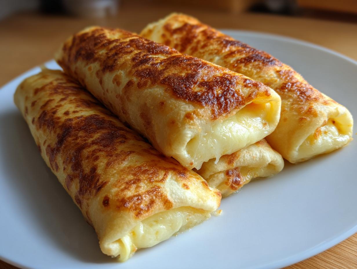 Close-up of golden grilled cheese roll-ups stacked on a white plate, showcasing the melted cheese filling.
