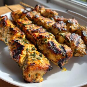 Close-up of grilled lemon herb chicken skewers on a white plate, showing grill marks and herb garnish.