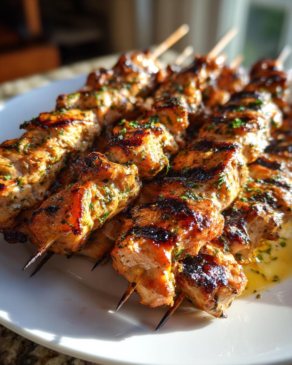 Close-up of grilled lemon herb chicken skewers on a white plate, showing the juicy, flavorful chicken.