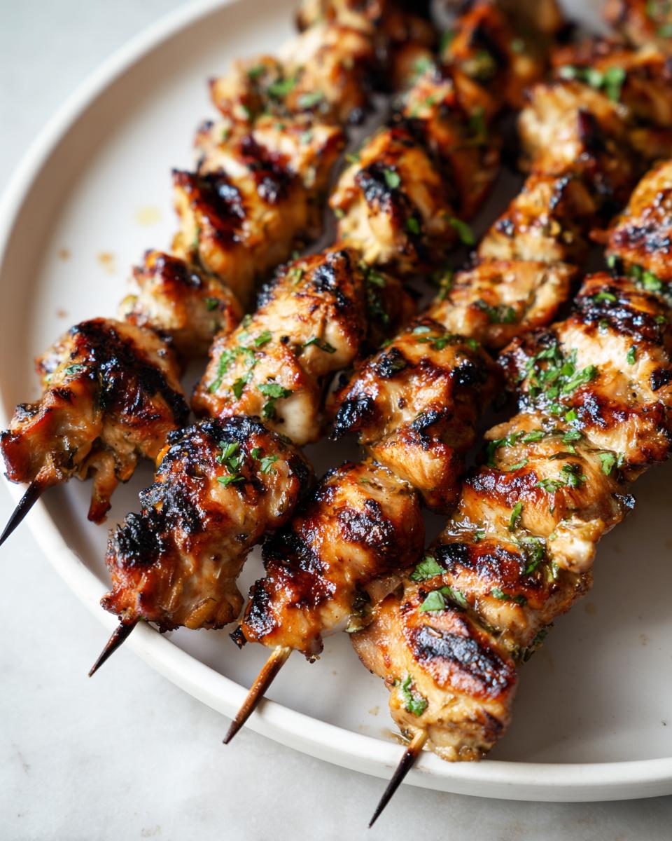 Close-up of grilled lemon herb chicken skewers on a white plate, garnished with fresh herbs.