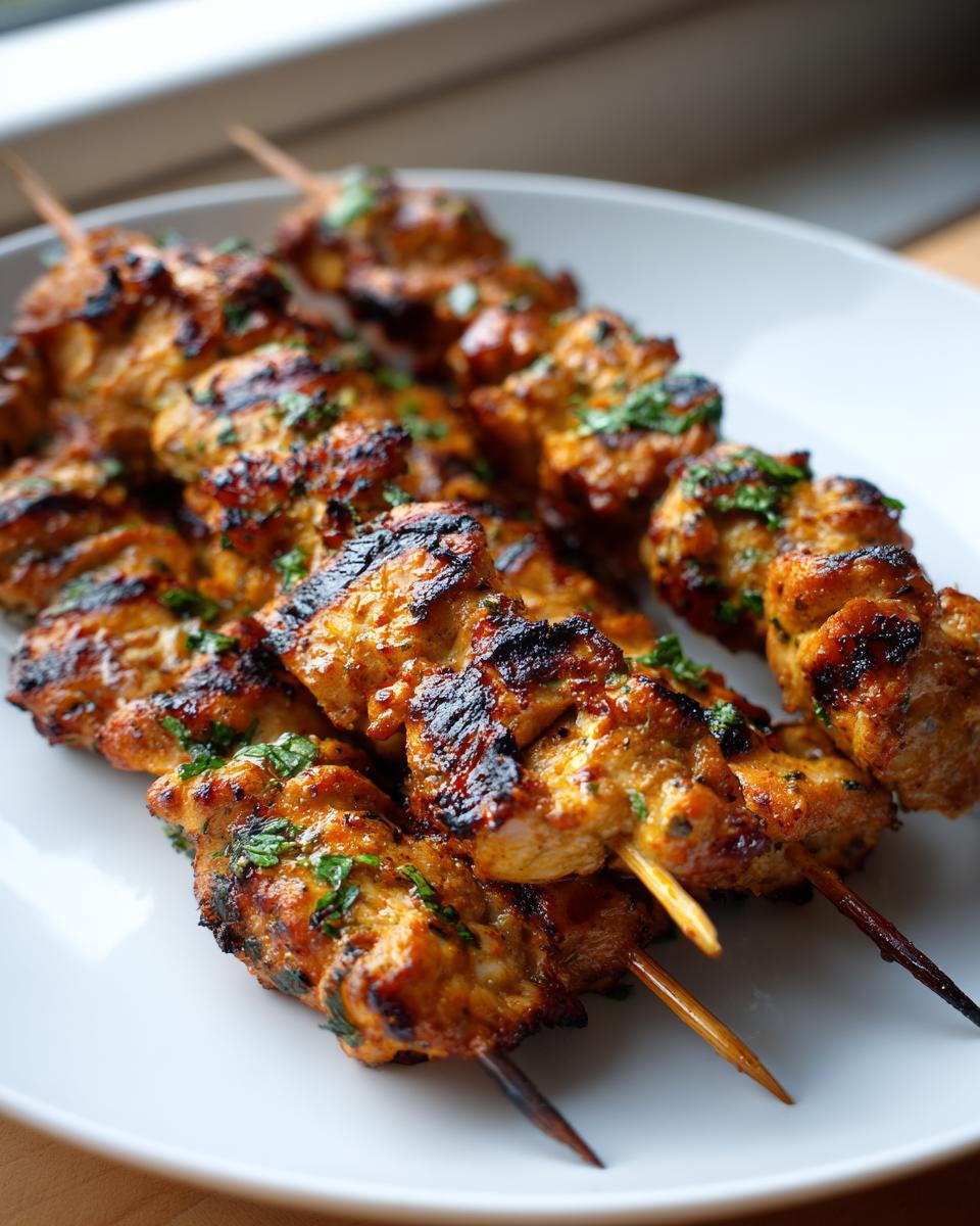 Close-up of grilled lemon herb chicken skewers on a white plate, garnished with fresh herbs.