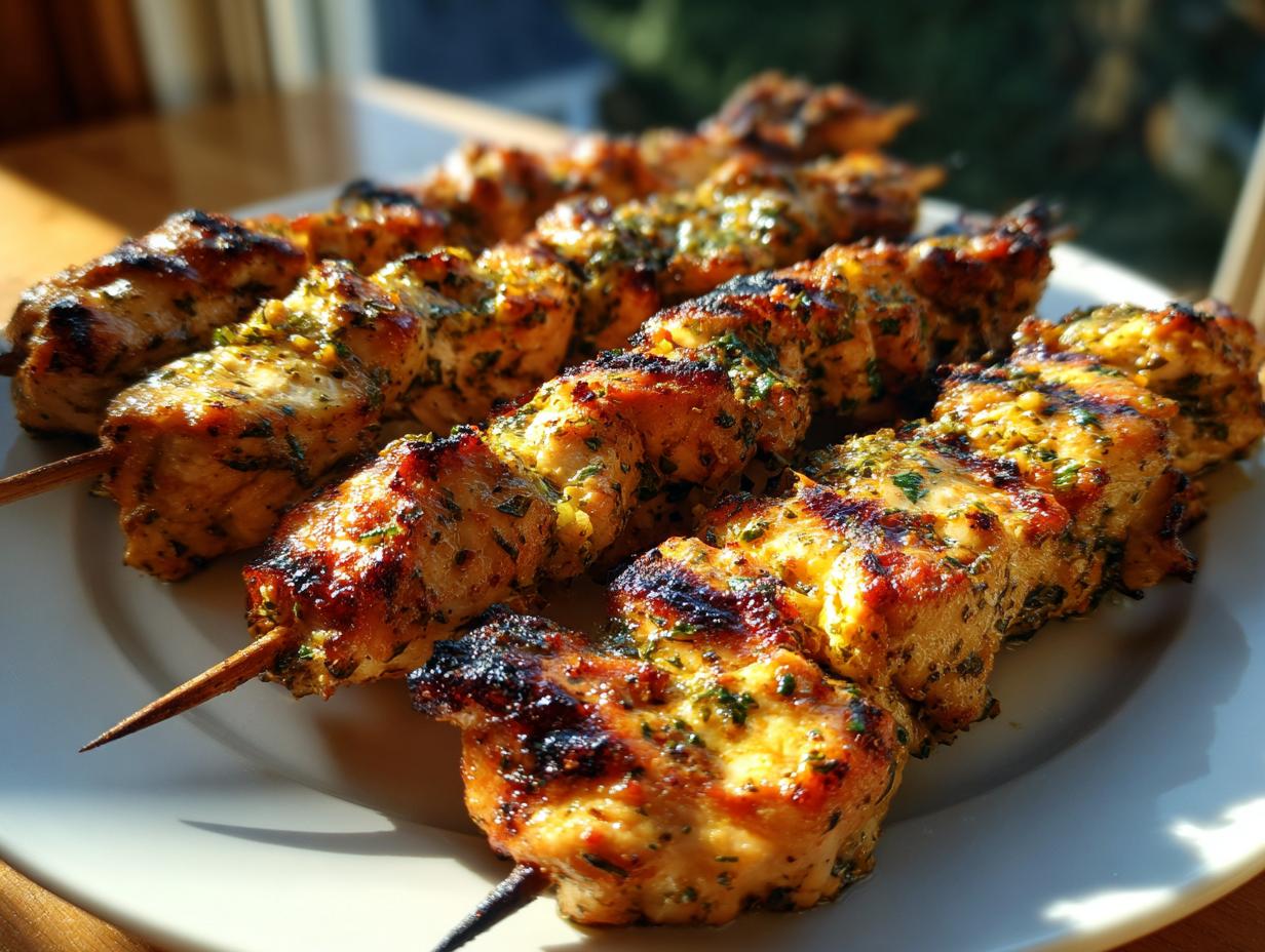 Close-up of several grilled lemon herb chicken skewers on a white plate, showcasing the char and herb marinade.