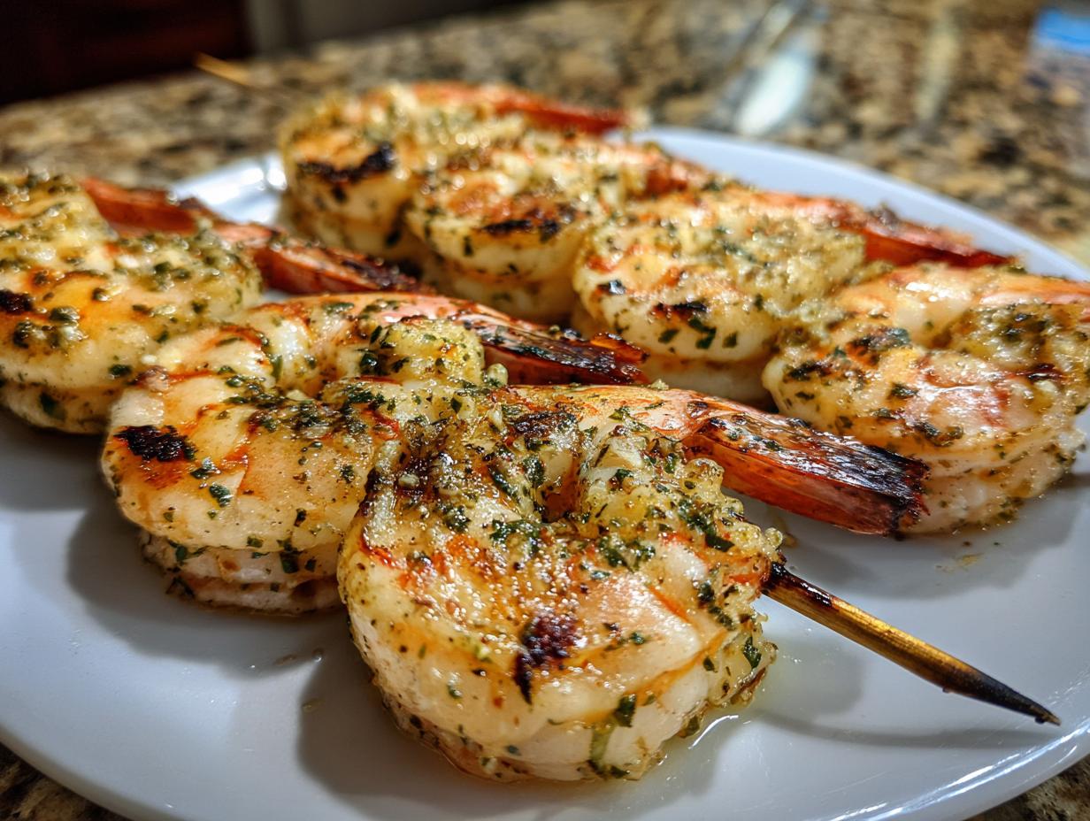 Close-up of grilled shrimp skewers with garlic and lemon on a white plate, showing grill marks and herb garnish.