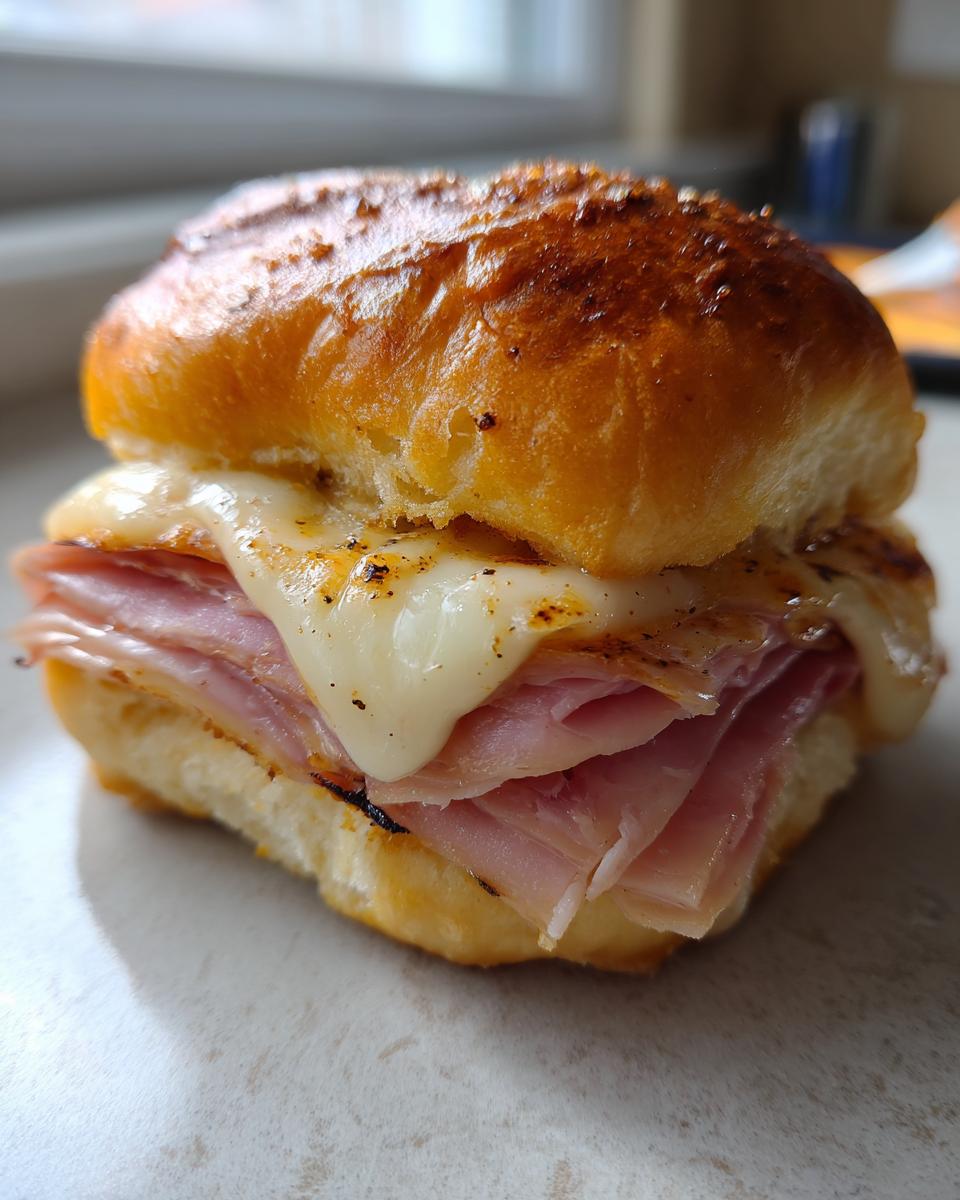 Close-up of a single ham and cheese slider with melted cheese on a toasted bun.