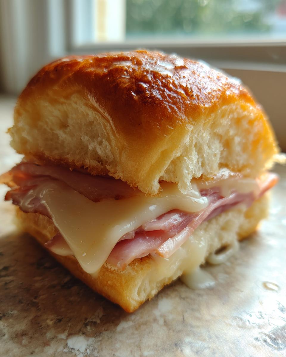 Close-up of a single ham and cheese sliders with melted cheese and a glazed bun.