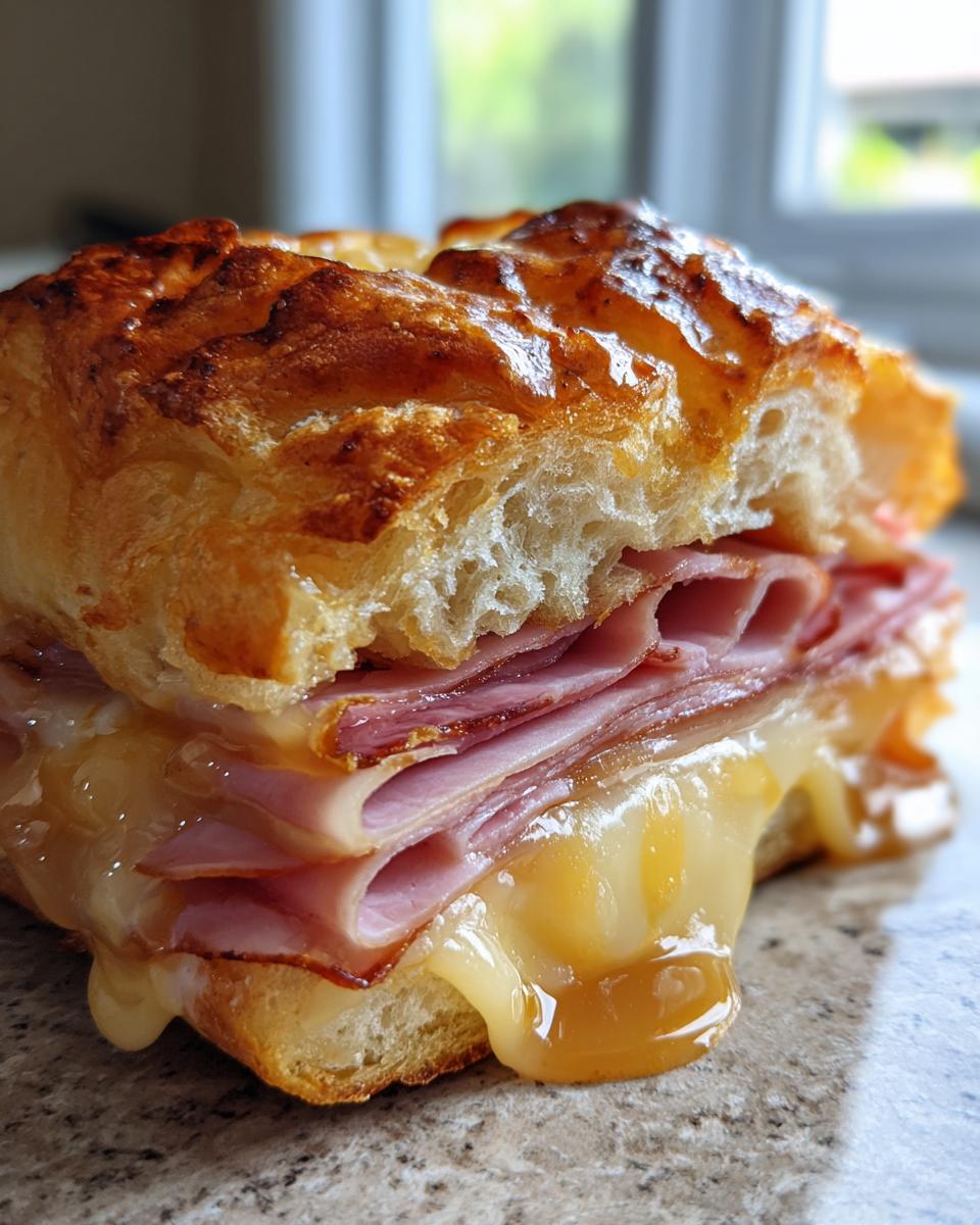 Close-up of a golden brown ham and cheese sliders with melted cheese oozing out.
