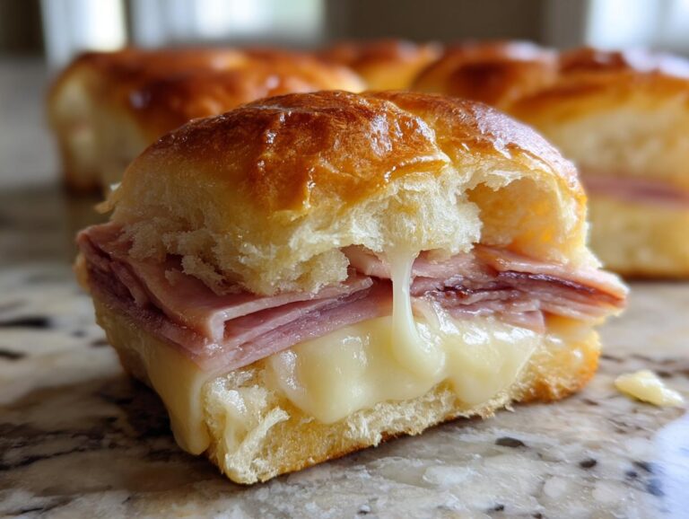 Close-up of a ham and cheese sliders with melted cheese oozing out, showcasing the layers of ham and soft slider bun.