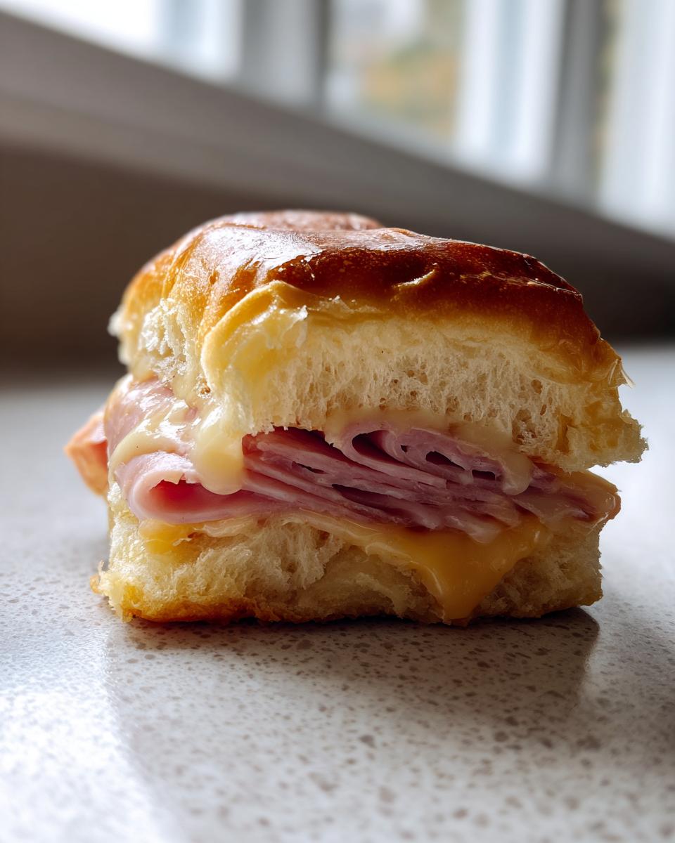 Close-up of a single ham and cheese slider with melted cheese oozing out.