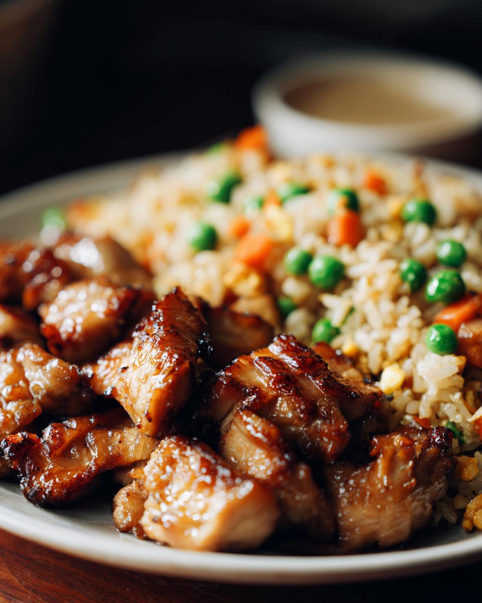 Close-up of Hibachi chicken with fried rice, featuring glazed chicken pieces and rice with peas and carrots.