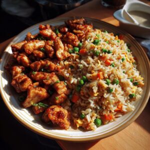 A plate of delicious Hibachi chicken with fried rice, featuring chicken pieces and rice with peas and carrots.