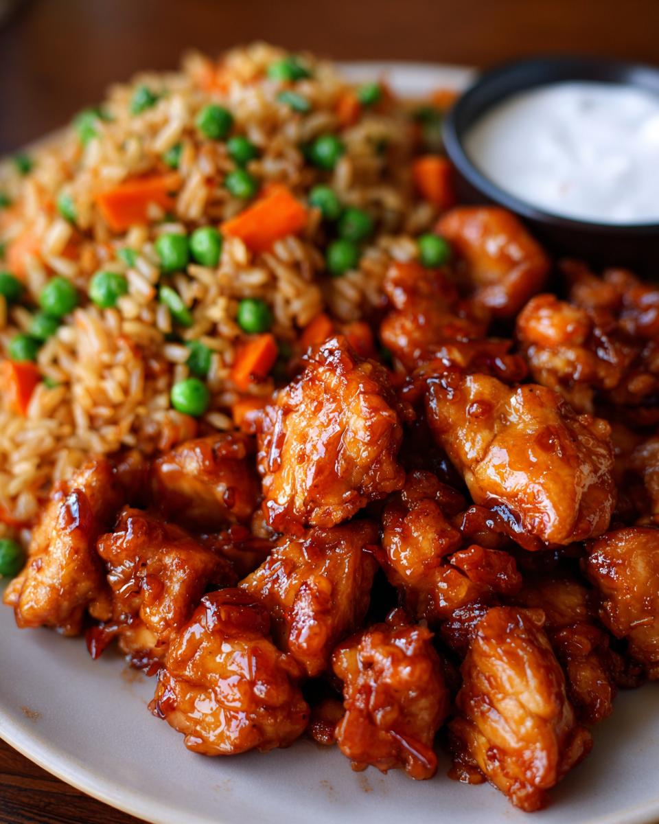 A plate of Hibachi chicken with fried rice, featuring glazed chicken, rice, carrots, and peas.