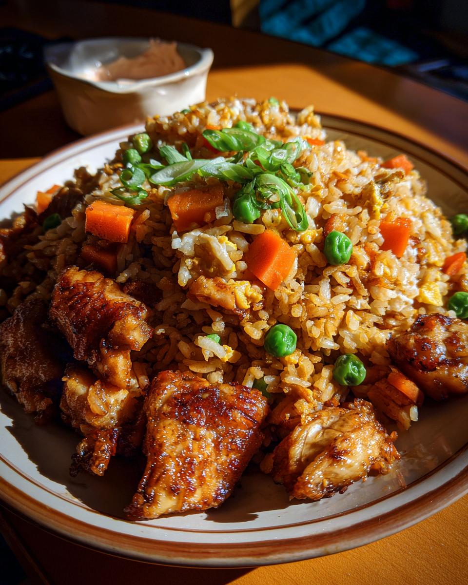 A plate of delicious Hibachi chicken with fried rice, garnished with green onions and served with dipping sauce.