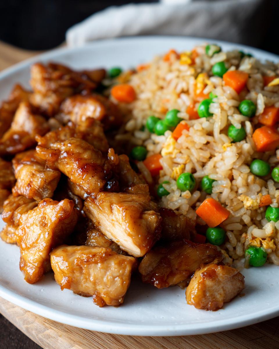 A plate of delicious Hibachi chicken with fried rice, featuring tender chicken pieces and colorful vegetables.