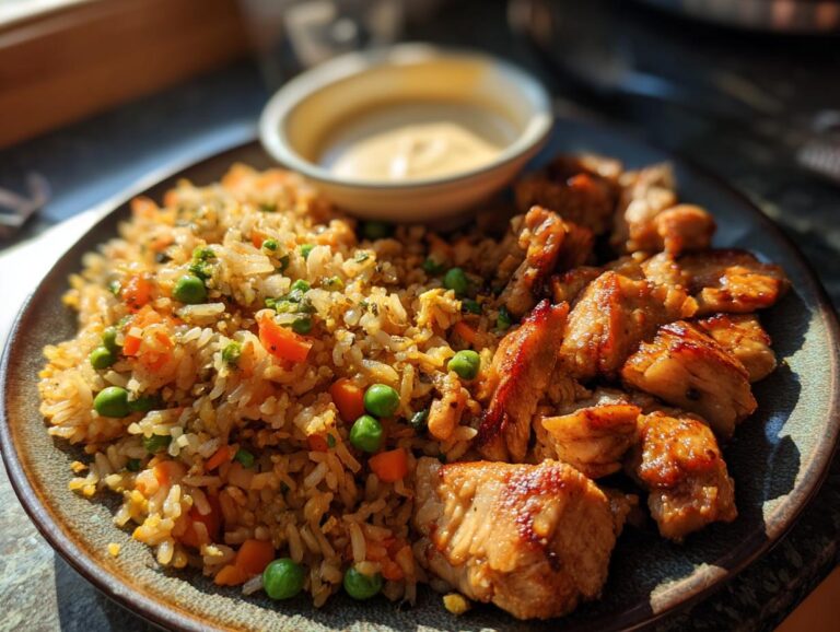 A plate of delicious Hibachi chicken with fried rice, served with a side of dipping sauce.