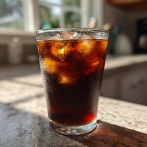 A glass of refreshing Homemade cold brew coffee with ice, condensation on the glass, sitting on a counter.