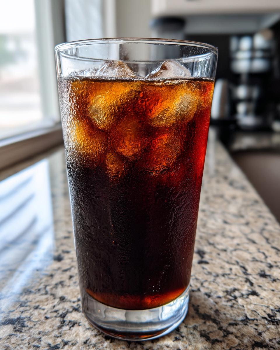 A glass of homemade cold brew coffee with ice, showing condensation on the glass.
