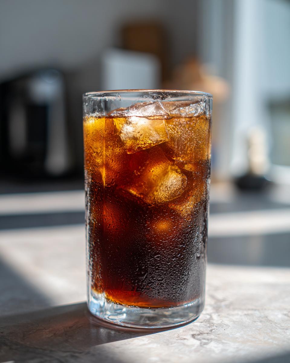 Refreshing glass of homemade cold brew coffee with ice, condensation visible on the glass.