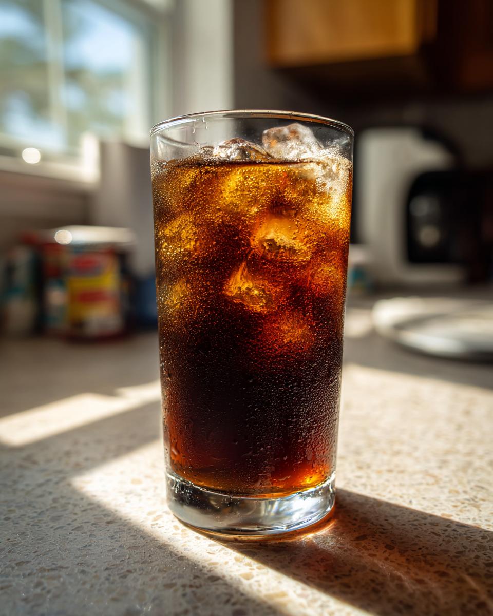 Refreshing glass of homemade cold brew coffee with ice, condensation visible on the glass.