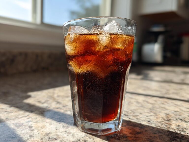 A refreshing glass of homemade cold brew coffee with ice, sitting on a countertop in natural light.