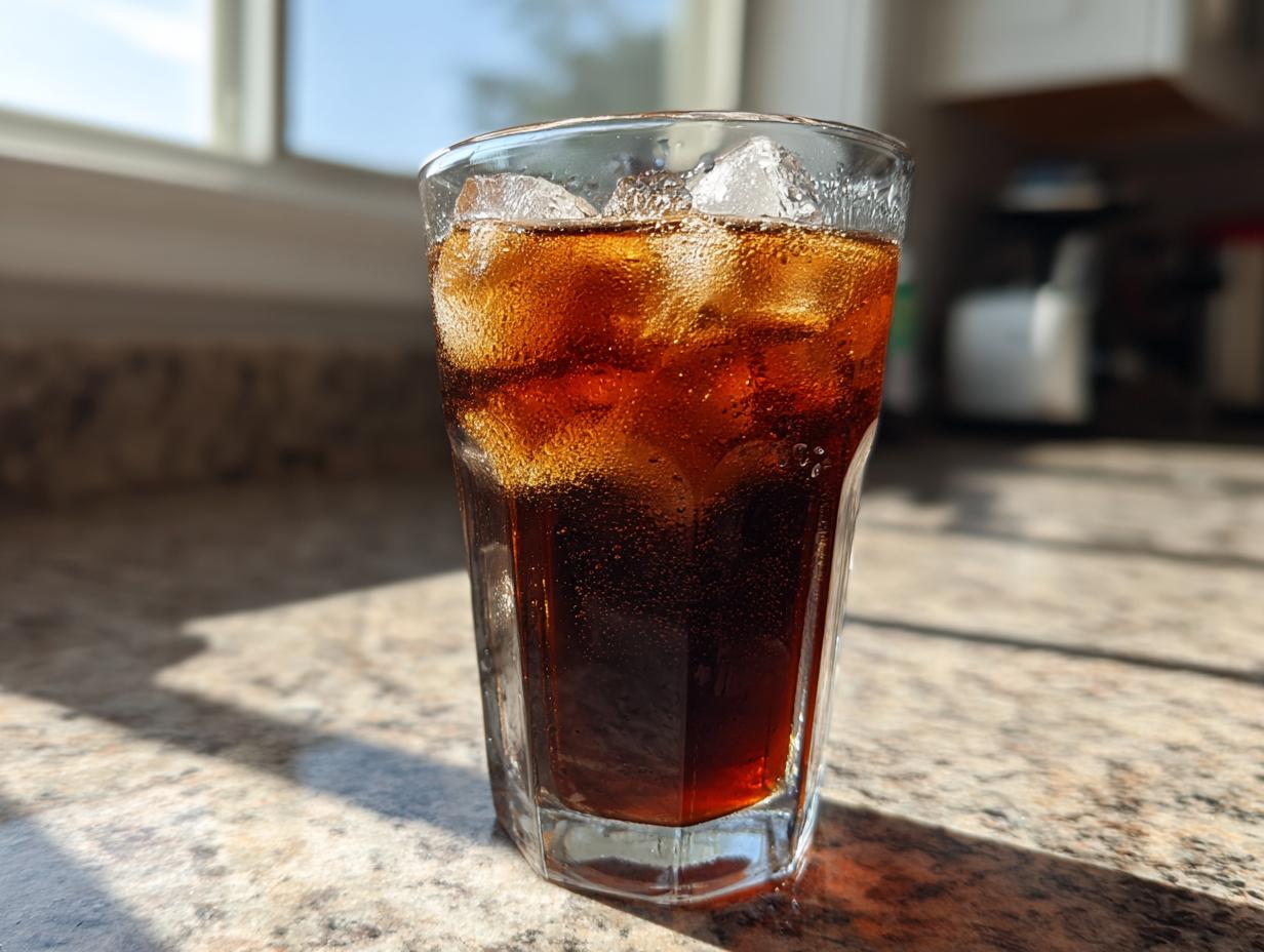 A refreshing glass of homemade cold brew coffee with ice, sitting on a countertop in natural light.