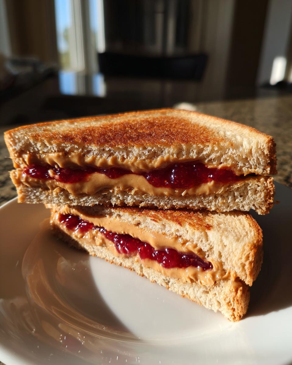 Two halves of a Homemade freezer PB&J sandwiches stacked on a white plate, showing peanut butter and jelly filling.