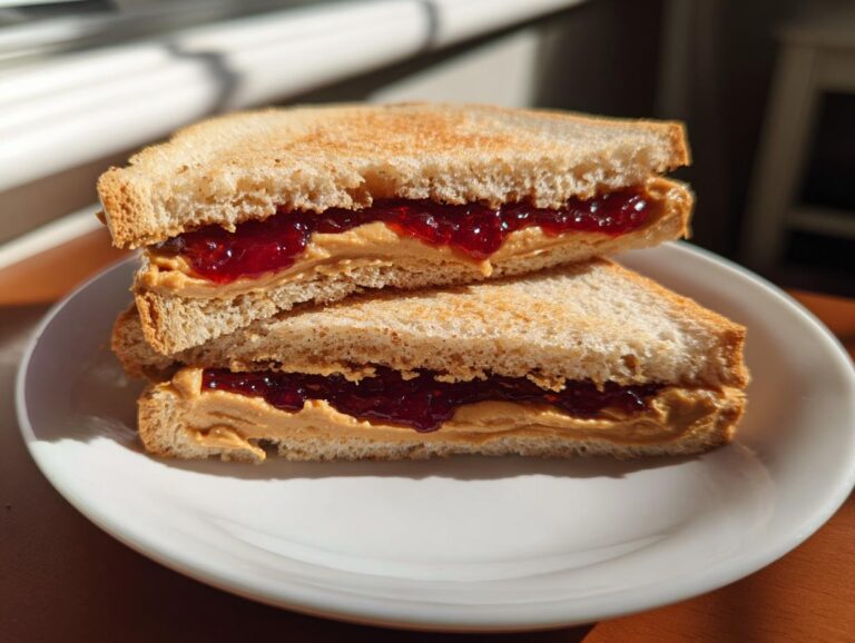 Two homemade freezer PB&J sandwiches stacked on a white plate, showing peanut butter and jelly filling.