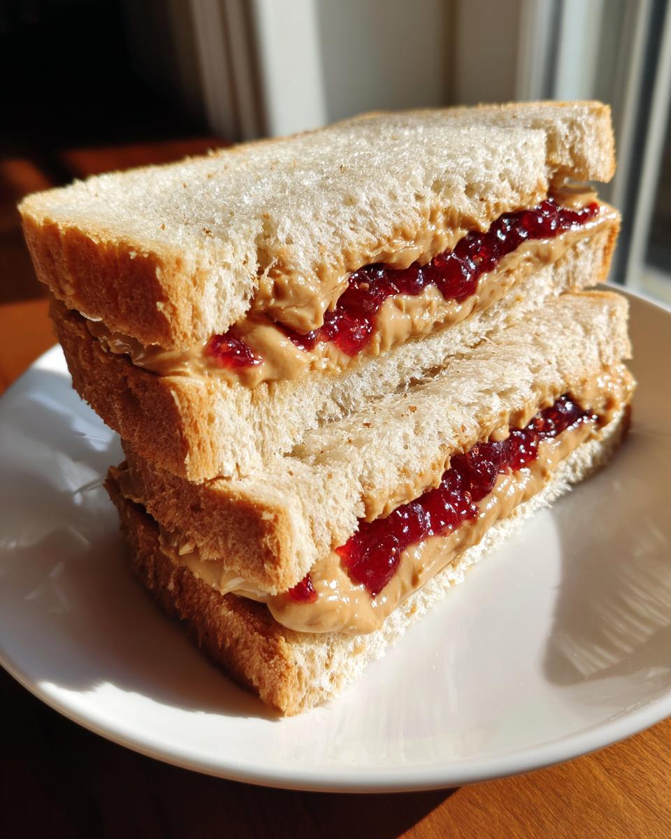 Two stacked homemade freezer PB&J sandwiches on a white plate, ready to be enjoyed.